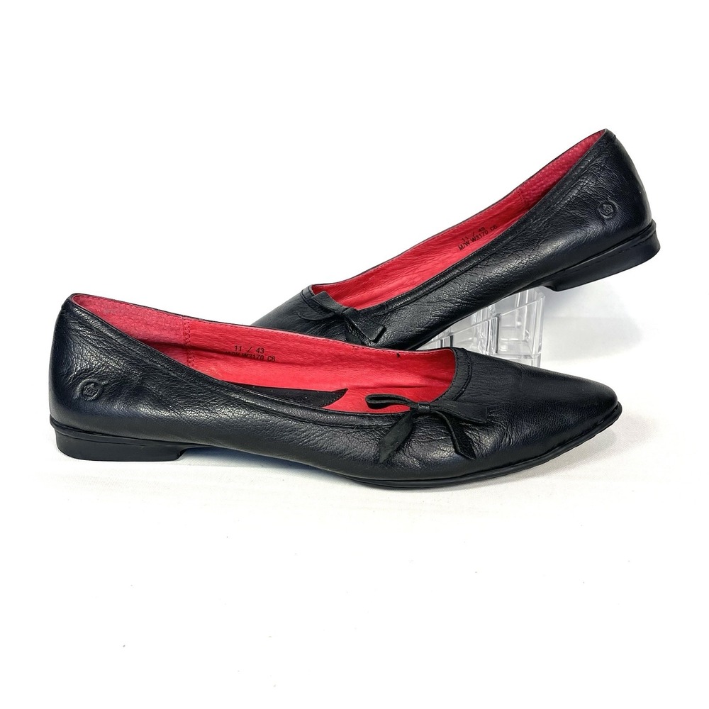Børn Black Leather Ballet Flats Womens 11 EU 43 Pointed Toe Side Bow Slip On